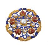 Chinese pendant/brooch, silver gilt enamel and pearls approx 2 1/4" diameter