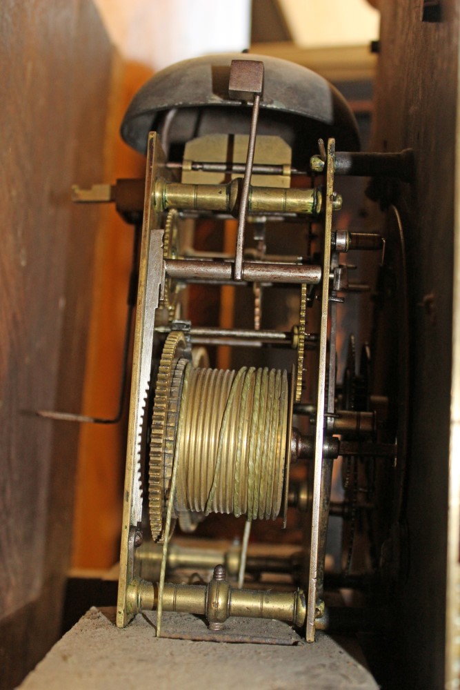 Early 18th century longcase clock, with eight day striking movement, brass 12inch breakarch dial, - Image 5 of 17