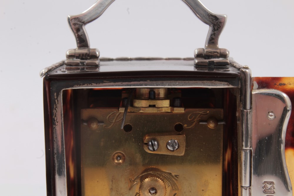 Mappin and Webb Tortoiseshell and silver piquet work carriage clock - Image 9 of 13