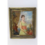 French school, 19th century, oil on mahogany panel - an elegant lady holding a fan before a window,