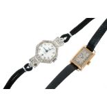Art Deco18ct white gold and diamond cocktail watch and a 1930s 9ct gold wristwatch