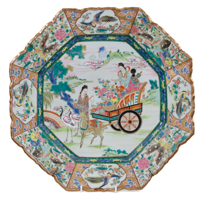 Late 19th Japanese Porcelain Charger of Octagonal form, decorated in the Famille Rose palette, with