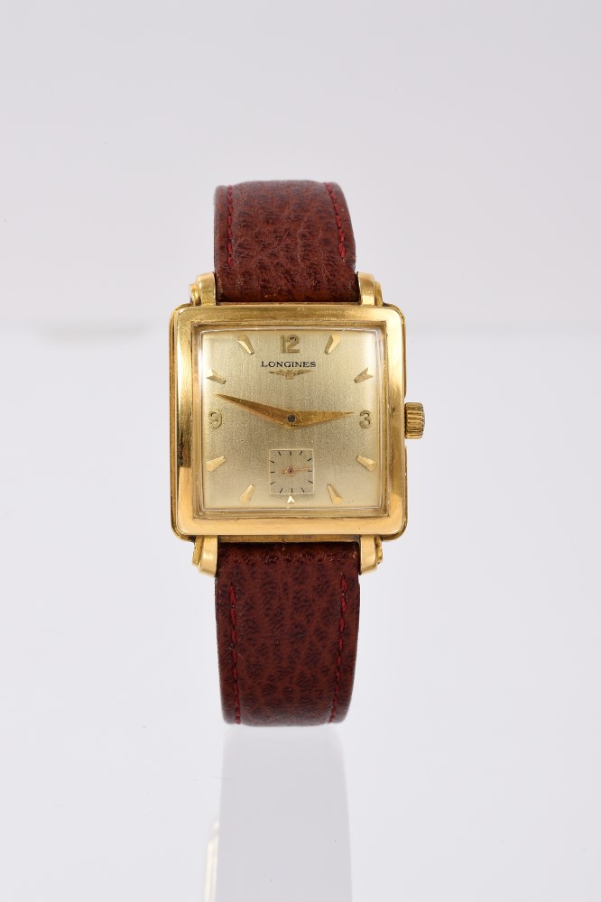 1950s Longines 18ct gold wristwatch with 17 jewel movement numbered 9487741, the square dial with