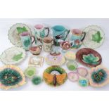 Collection of 19th century majolica, to include 8 leaf-form dessert dishes by Griffen, Smith and