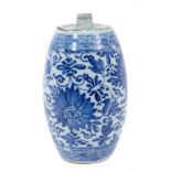 18th Century Chinese Blue and White Spirit Bottle, of barrel form, painted with floral patterns,