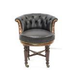 19th century desk tub chair, close-stud and button upholstered tub seat revolving on turned legs