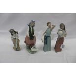 FourLladro porcelain figures - girl with flowers, two girls with hats and girl feeding duck plus