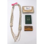 Designer silvered bead necklace by Fiona Paxton, Monet necklace and Gucci key wallet in box