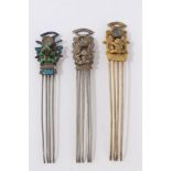 Three old Chinese hair ornaments, each with a compass and frog. 95mm