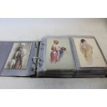 Postcards in album including artist drawn glamour, real photographic aviation , Amy Johnson,