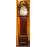 Early 20th century longcase clock chiming movement with arched brass dial, in mahogany case