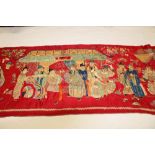 Chinese embroidered silk banner with wise men and deities in pagoda, horses butterflies, bat and