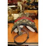 Antique ornamental heavy horse leather tack and harness, surmounting plume mounted with bells and