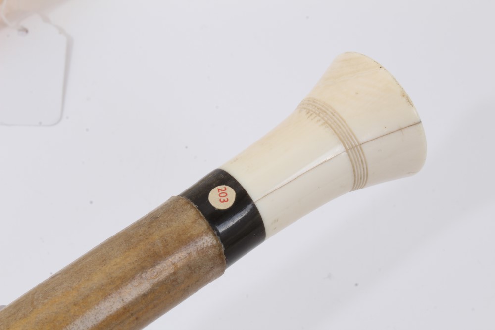 Unusual walking stick with heavy pale wood shaft, white metal collar and turned ivory handle, - Image 6 of 8