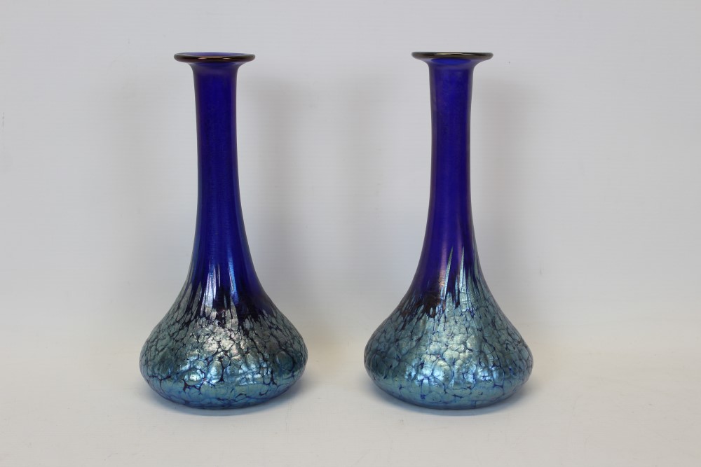 Pair of blue iridescent Art Nouveau Loetz style glass vases 22.5 cm high