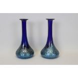 Pair of blue iridescent Art Nouveau Loetz style glass vases 22.5 cm high