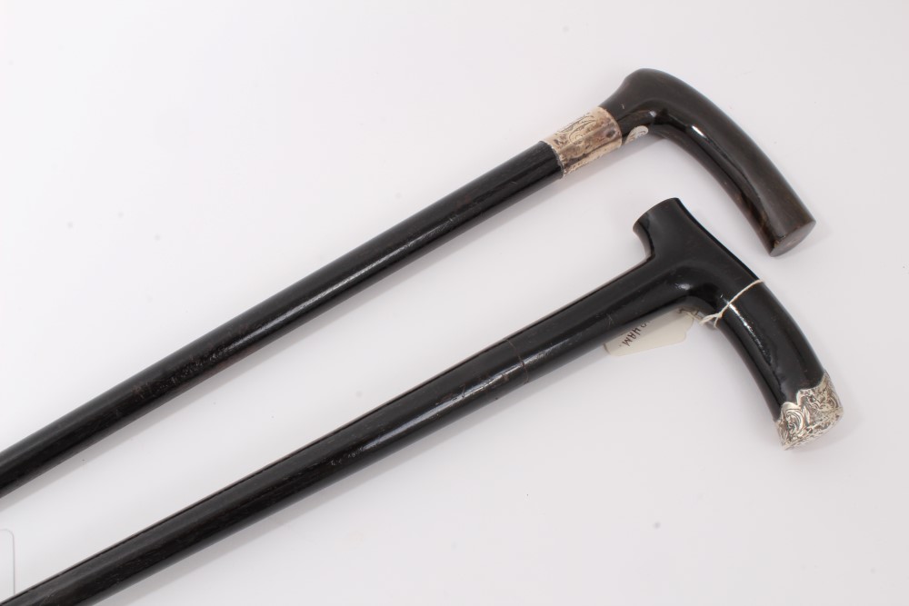 Victorian ebonised walking stick with engraved silver collar (marks rubbed) and Horn crutch handle