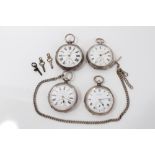 Four late Victorian and Edwardian silver open face keys wind pocket watches , over with silver