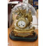 Late 19th Century French mantel clock with 8 Day striking movement in gilded spelter and alabaster