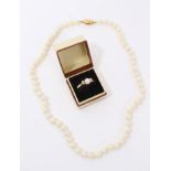 Gold 9ct cultured pearl ring and cultured pearl necklace with gold 9ct clasp