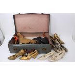 Quantity of ladies vintage shoes including Edwardian satin wedding shoes and gilt leather kitten