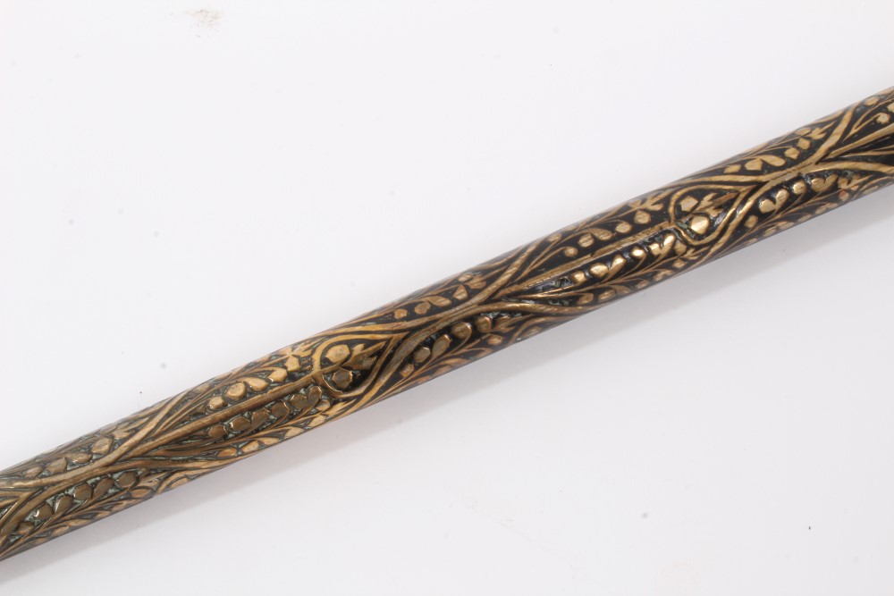 Early 20th century heavy metal walking stick with raised Nielloware style decoration and wiggle - Image 5 of 7