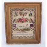 Victorian Sampler cross stitch embroidery depicting figures, birds, roses and dog within a