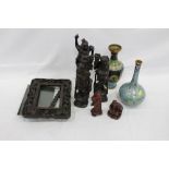 Antique Chinese carved hardwood photograph frame, five Chinese carved wooden figures and two