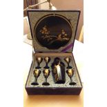 1930's Japanese Black Lacquer Cocktail set, comprising cocktail shaker, tray and six glasses, with