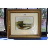J. W. Law, Edwardian gouache on opaque glass panel depicting a river landscape, signed and dated