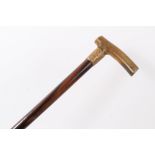 Late 19th/early 20th century Rosewood walking stick with gilt metal collar and Rhino Horn crutch