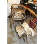 Rare Victorian Twin Wooden Horse Child's perambulator with wood and wicker seat. Iron wheels and