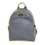 Michael Kors Dark Blue Saffiano leather Backpack with engraved zippers and circular logo lining.