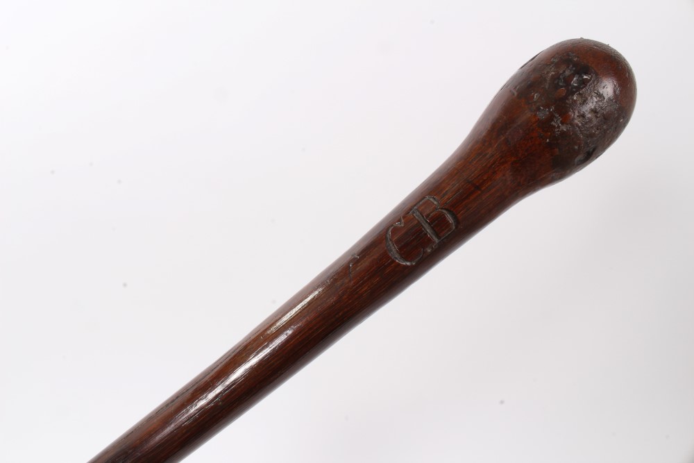 Unusual late 19th century cudgel stick with bulbous handle shaft carved with initial C.B., 93cm