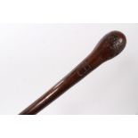 Unusual late 19th century cudgel stick with bulbous handle shaft carved with initial C.B., 93cm