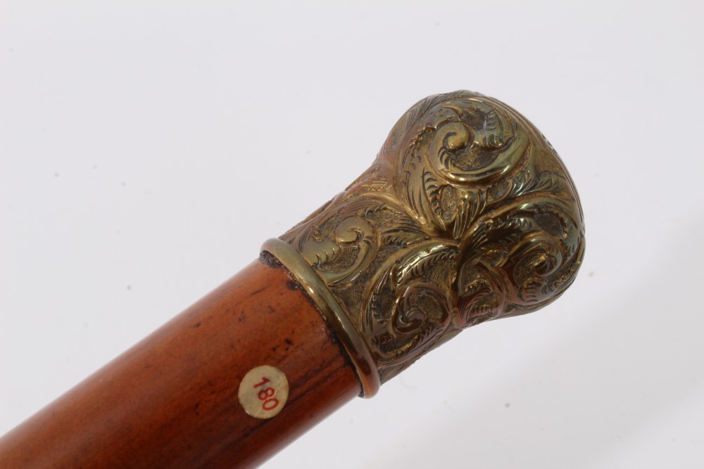 Early 19th century Malacca walking cane with suspension cord and guilt metal top embossed with a - Image 8 of 10