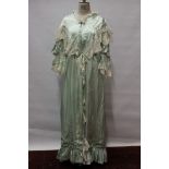 Ladies Edwardian pale green silk Peignoir with frilled lace trim, puffed and gathered sleeves. By