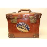 Good quality square leather fitted top hat case, travel labels include Cunard White Star and Union