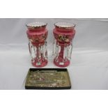 Pair of Victorian pink glass lustres, painted with flowers with gilt highlights, on wooden stands,