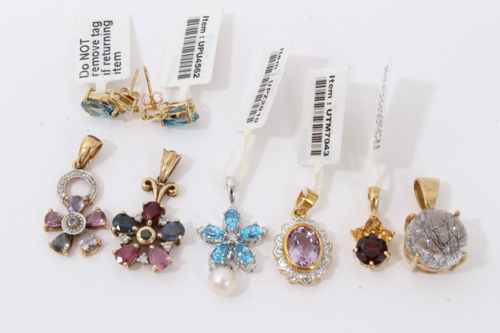 Six gold 9ct multi gem set pendants and pair earrings