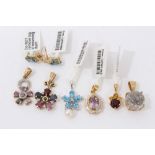 Six gold 9ct multi gem set pendants and pair earrings