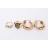 Gold (9ct) cultured pearl ring, gold (9ct) quartz ring and a pair gold (9ct) hoop earrings