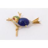 18 ct yellow and white gold bird brooch with cabochon lapis lazuli body, demantoid garnet set head,