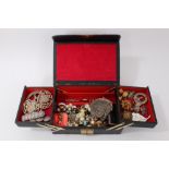 Jewellery box containing vintage costume jewellery, gold bar brooch, silver paste set brooches,