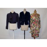 Ladies printed silk dress and blue wool jacket by Jean & Martin Pallant. Purple cropped jacket by