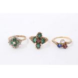 Three gold 9ct multi gem set dress rings