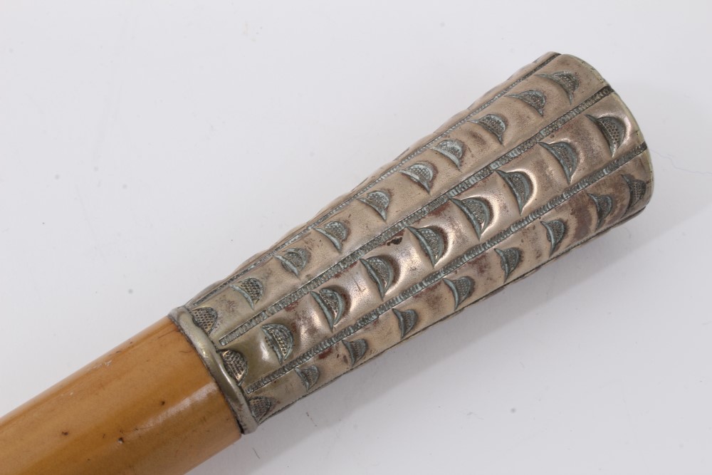 Early 19th century Malacca walking cane with suspension cord and guilt metal top embossed with a - Image 4 of 10