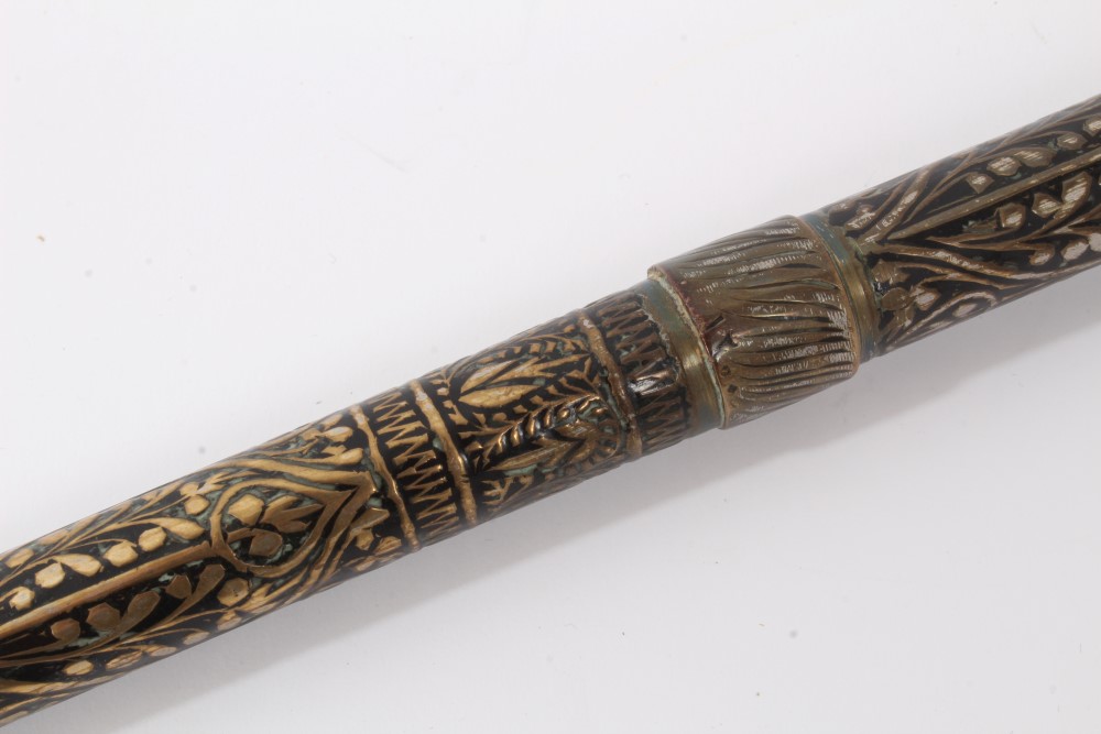 Early 20th century heavy metal walking stick with raised Nielloware style decoration and wiggle - Image 4 of 7