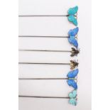 Pair silver and enamel novelty bee hat pins and four silver blue enamel butterfly hat pins (6)