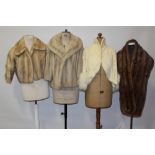 Good quality cropped blonde mink jacket and similar longer jacket, cream fur cape with fox fur trim